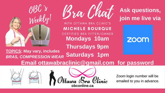 Free bra fitting and compression wear chats by Zoom and Skype by Michele Bourque of Ottawa Bra Clinic https://ottawabraclinic.com/book-a-bra-fitting