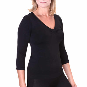 FIRMA Energywear V-Neck top, 3/4 length sleeve brings you the best of all worlds –it looks great and helps you look even better with its aesthetic benefits. It provides gentle compression and increases circulation with its therapeutic technology, and it helps you feel comfortable and relaxed with its soft feel and construction.