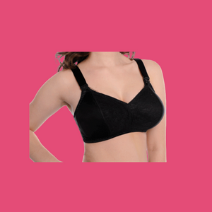 Tab bra vertical seamed. Nursing, post-surgical, mastectomy bra, exercise bra, sports bra. Cotton and microfibre. The Vertical Seamed Bra is designed for women needing optimal support.   The bra will provide orthopedic support for the breasts and help alleviate any pain in the neck, shoulders and back caused by an ill-fitting bra.  Designed for the woman with bra issues or special needs (orthopedic, post-surgical or prosthetic needs). Available in sizes 28C-42JJ in beige, black and pink.